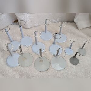 Set of 13 White and Gray Miniature Doll Display Stands. Various Sizes.